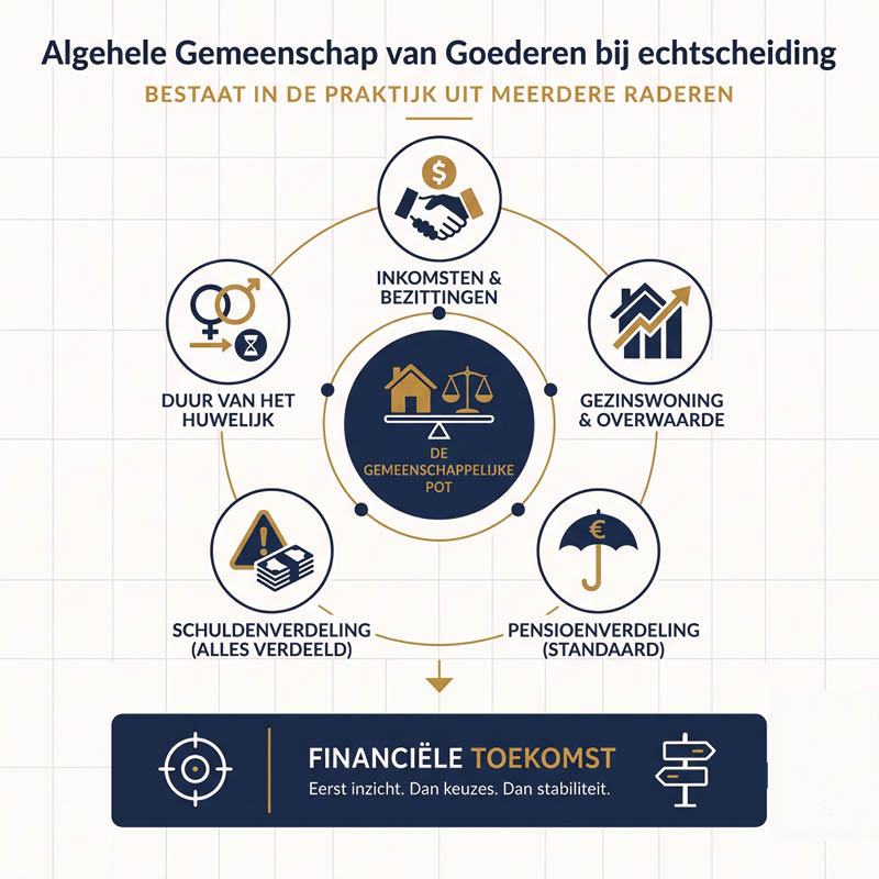 Algehele gemeenschap van goederen bij (echt)scheiding – ROME scheidingen Gecorrigeerde infographic over scheiden in algehele gemeenschap van goederen en de verdeling van bezittingen, schulden en pensioenen bij ROME scheidingen in Heteren.