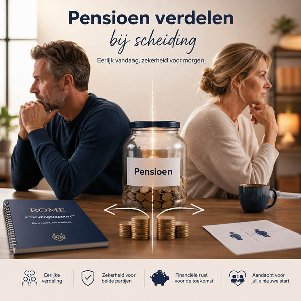 Pensioen verdelen bij scheiding | ROME scheidingen B.V. Pensioen verdelen bij scheiding is een belangrijk onderdeel. Wij zorgen voor inzicht en jullie nemen een beslissing die niet alleen nu, maar ook later past.