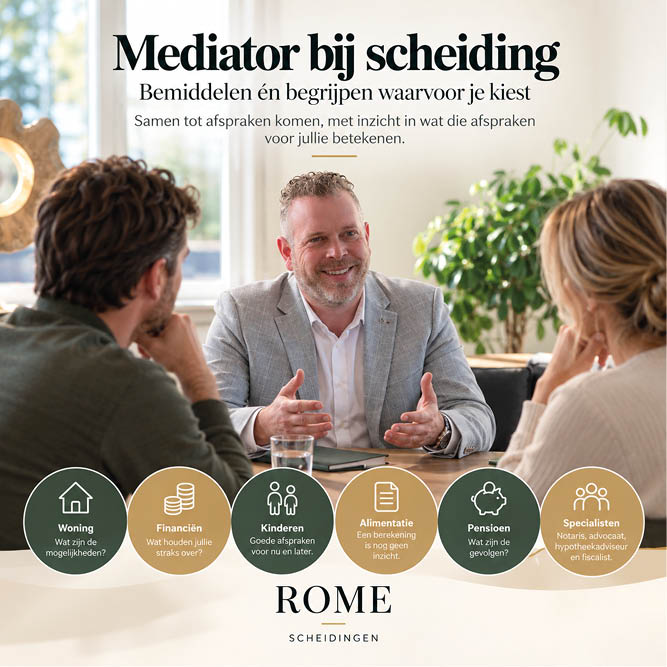 Mediator bij scheiding | ROME scheidingen Mediator bij scheiding voor inzicht in woning, financiën, kinderen, alimentatie en pensioen.